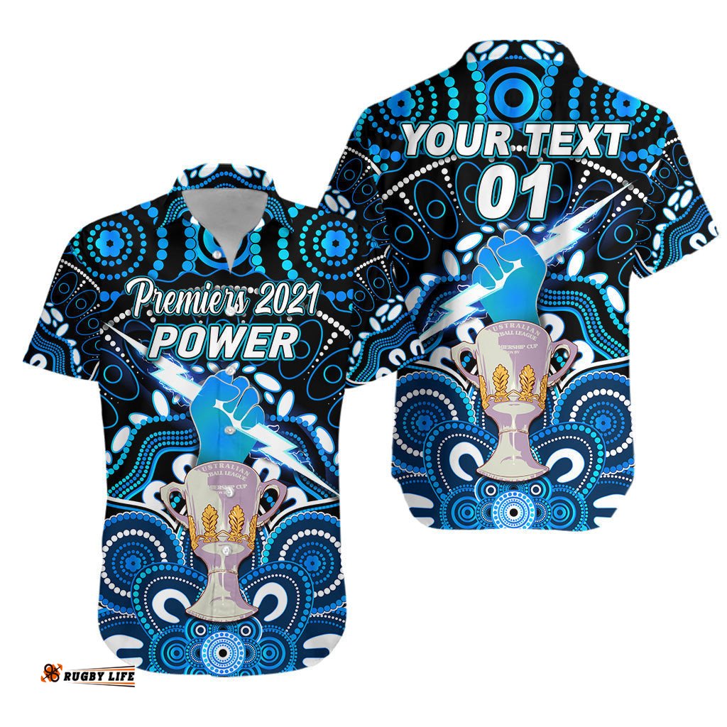 Custom Personalised Port Adelaide Power Indigenous Hawaiian Shir Football Premiers Trophy, Custom Text And Number