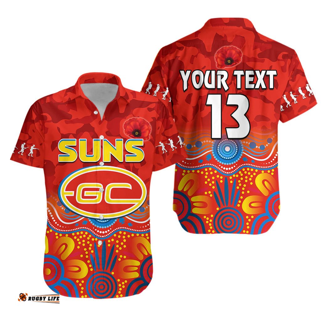 Custom Text and Number Suns ANZAC Hawaiian Shirt Gold Coast Aboriginal Poppy