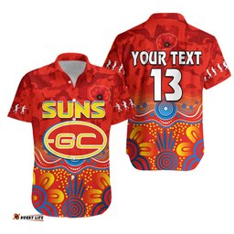 Custom Text and Number Suns ANZAC Hawaiian Shirt Gold Coast Aboriginal Poppy