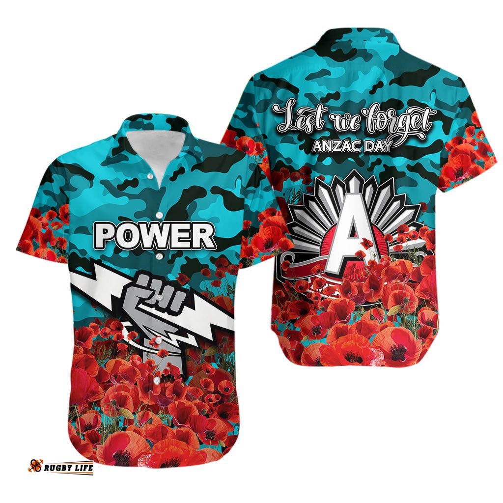 ANZAC Day Port Adelaide Hawaiian Shirt Poppy Flowers With Army Patterns