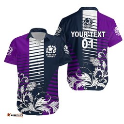 Custom Personalised Scotland Rugby Hawaiian Shirt Scottish Thistle Style Navy Purple