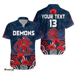 Custom Text and Number Demons ANZAC Hawaiian Shirt Melbourne Football Aboriginal Poppy
