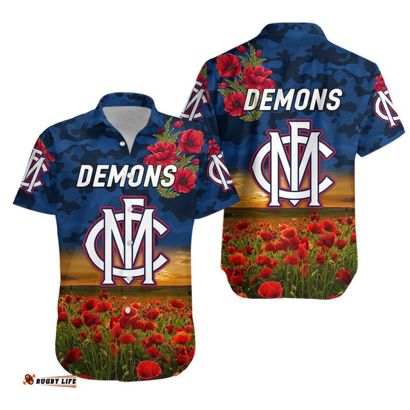 Melbourne Demons ANZAC Hawaiian Shirt Poppy Vibes