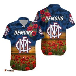 Melbourne Demons ANZAC Hawaiian Shirt Poppy Vibes