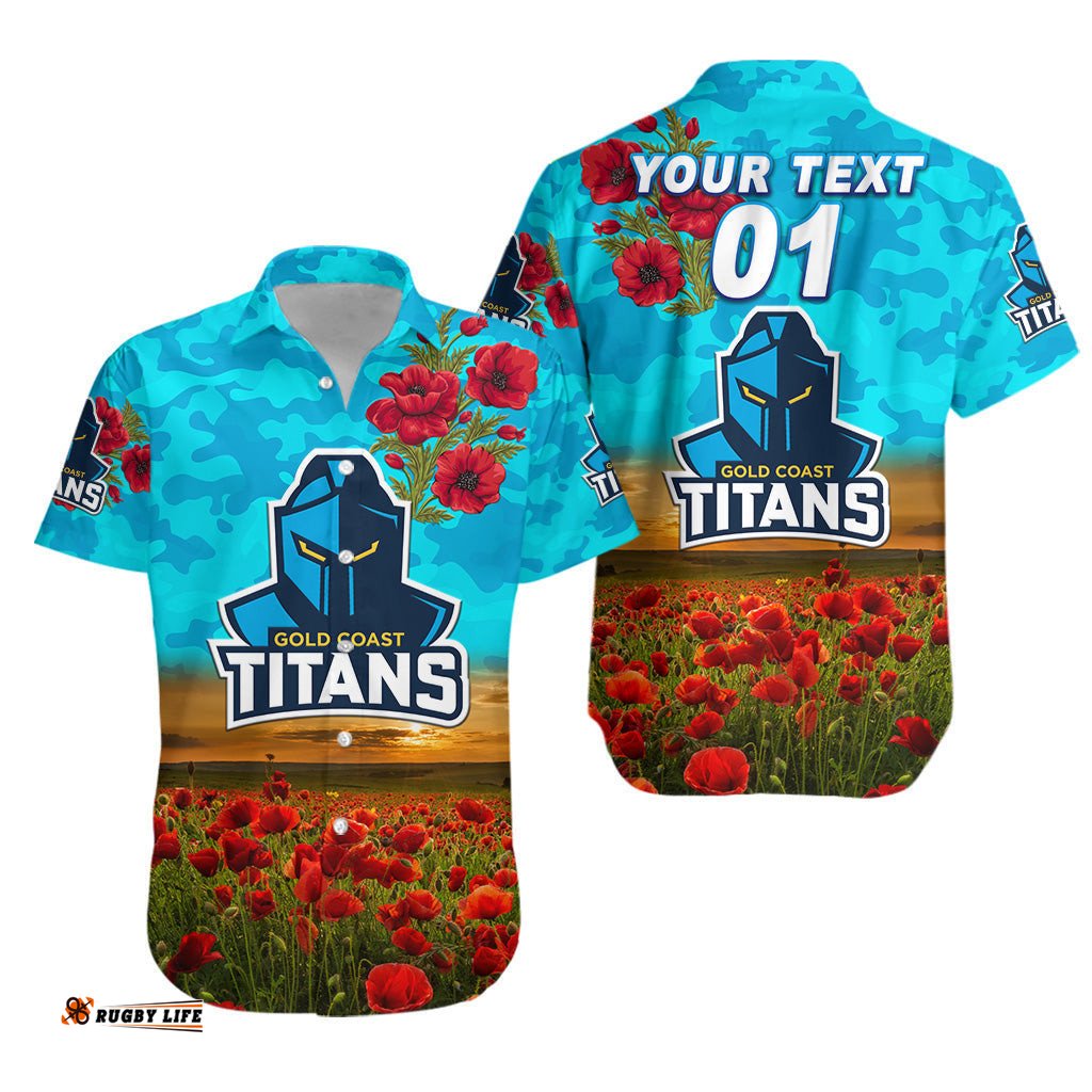 Custom Personalised Gold Coast Titans ANZAC Hawaiian Shirt Poppy Flowers Vibes
