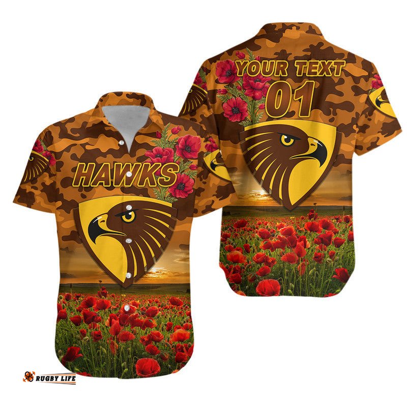 Custom Personalised Hawthorn Hawks ANZAC Hawaiian Shirt Poppy Vibes