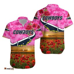 North Queensland Cowboys ANZAC Hawaiian Shirt Poppy Flowers Vibes Pink