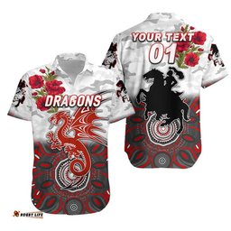 Custom Personalised St. George Illawarra Dragons ANZAC Hawaiian Shirt Indigenous Vibes White