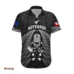 Custom New Zealand Aotearoa Rugby Hawaiian Shirt NZ Tiki With Maori Fern World Cup Black Version