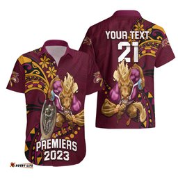 Custom NRL Broncos Premiers Hawaiian Shirt Mascot with Polynesian Pattern Version