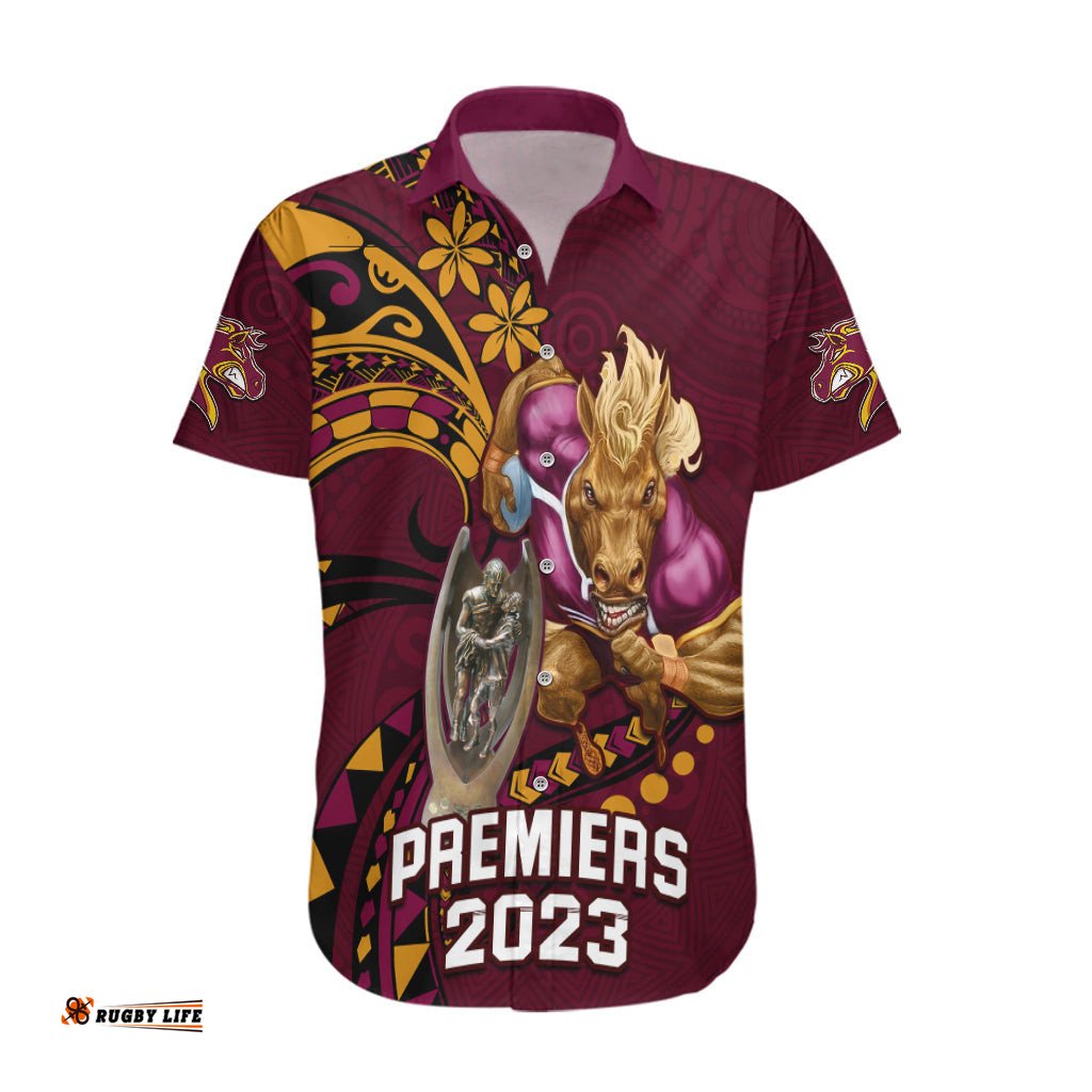Custom NRL Broncos Premiers Hawaiian Shirt Mascot with Polynesian Pattern Version