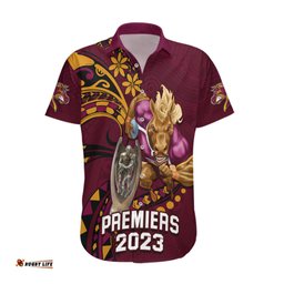 Custom NRL Broncos Premiers Hawaiian Shirt Mascot with Polynesian Pattern Version