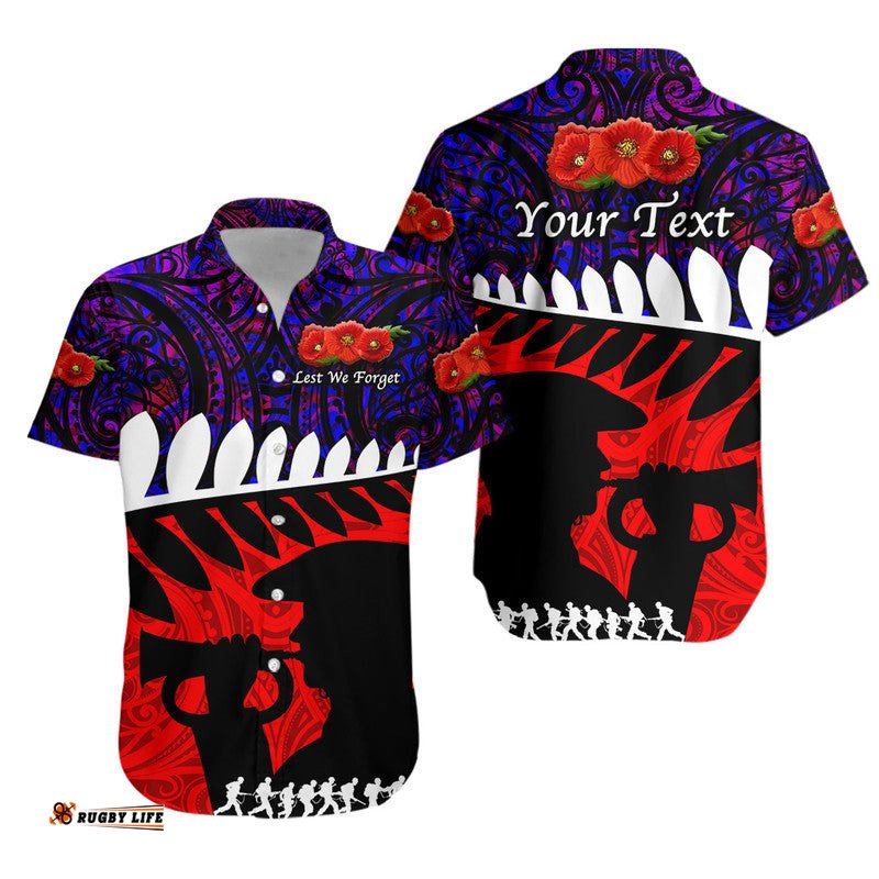 Custom Personalised New Zealand Maori ANZAC Hawaiian Shirt Remembrance Soldier Purple