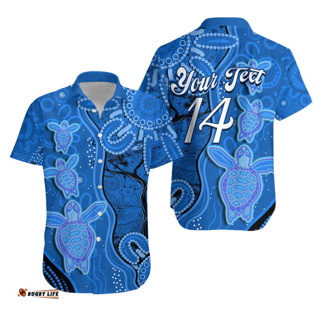 Custom Text And Number Australian Aboriginal Art Hawaiian Shirt Aussie Turtle Blue Version