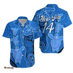 Custom Text And Number Australian Aboriginal Art Hawaiian Shirt Aussie Turtle Blue Version