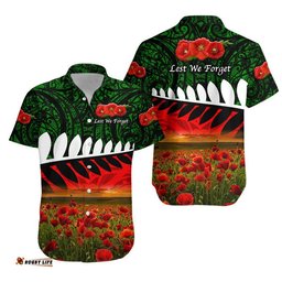 New Zealand Maori ANZAC Hawaiian Shirt Poppy Vibes Green