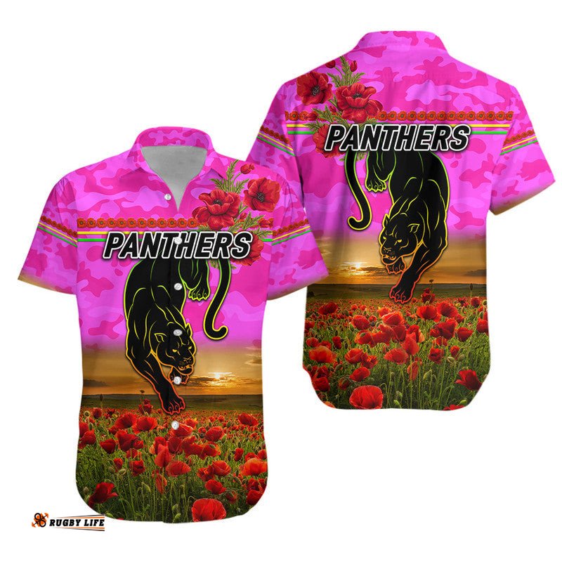 Penrith Panthers ANZAC Hawaiian Shirt Poppy Flowers Vibes Pink
