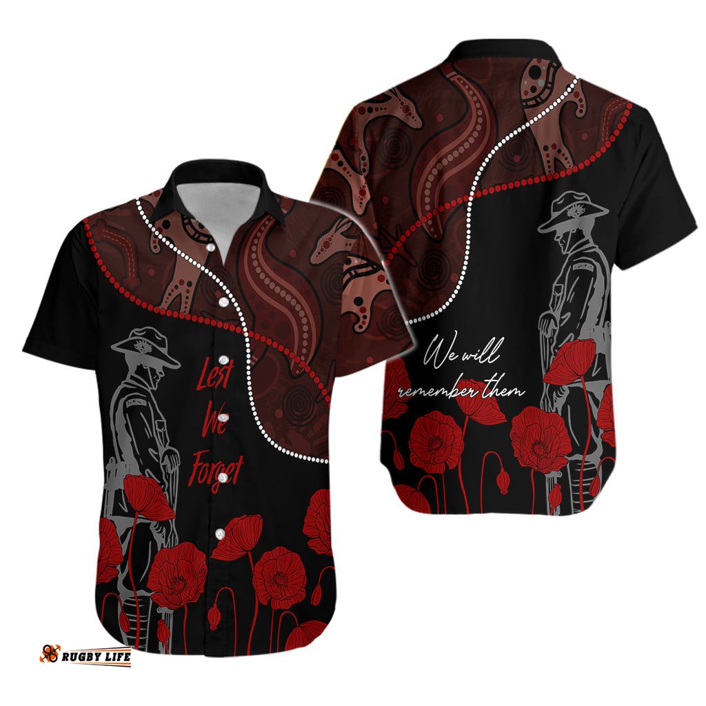 Australia ANZAC Day Hawaiian Shirt Aboriginal Art With Poppies