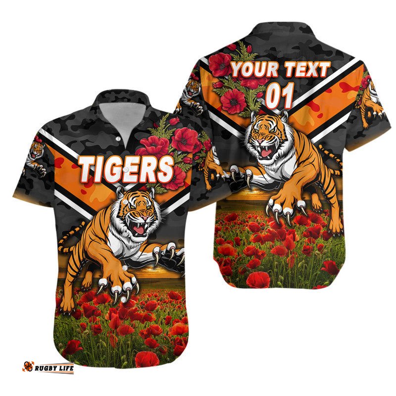 Custom Personalised Wests Tigers ANZAC Hawaiian Shirt Poppy Flowers Vibes