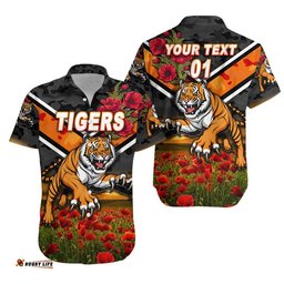 Custom Personalised Wests Tigers ANZAC Hawaiian Shirt Poppy Flowers Vibes