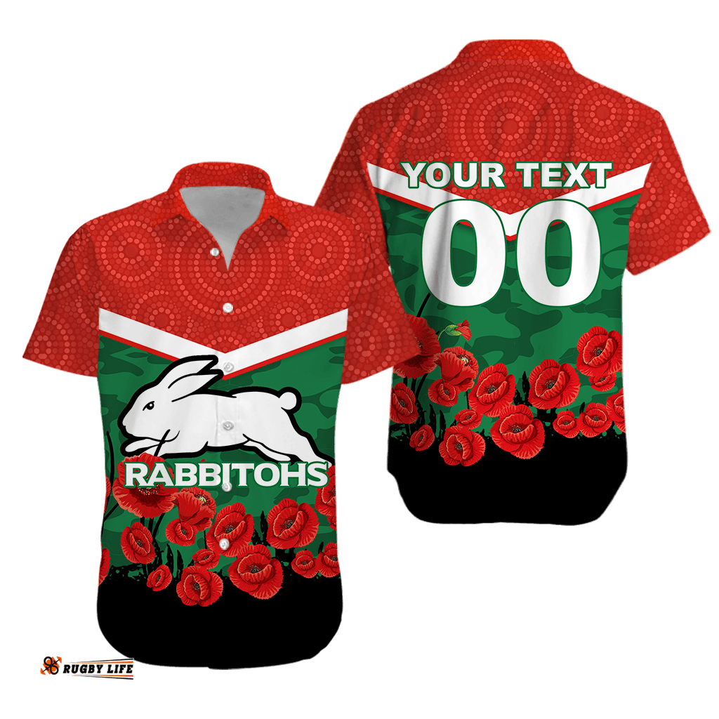 Custom Personalised Rabbitohs ANZAC Day Hawaiian Shirt Indigenous Art
