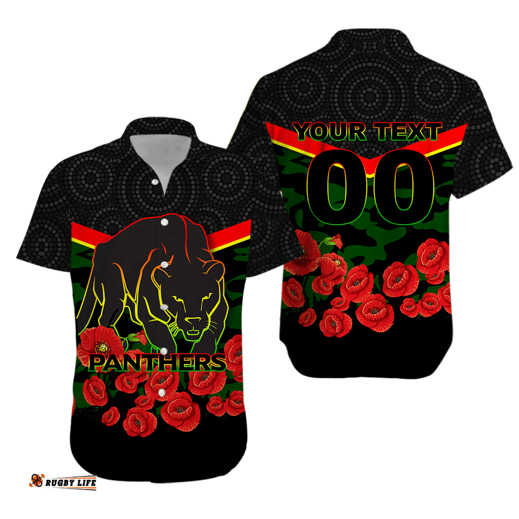 Custom Personalised Panthers ANZAC Day Hawaiian Shirt Indigenous Art