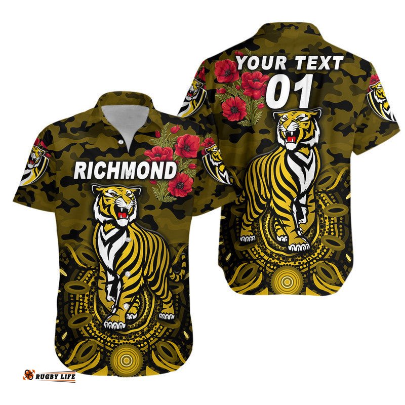 Custom Personalised Richmond Tigers ANZAC Hawaiian Shirt Indigenous Vibes Black