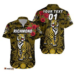 Custom Personalised Richmond Tigers ANZAC Hawaiian Shirt Indigenous Vibes Black