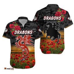 St. George Illawarra Dragons ANZAC Hawaiian Shirt Poppy Flowers Vibes Black