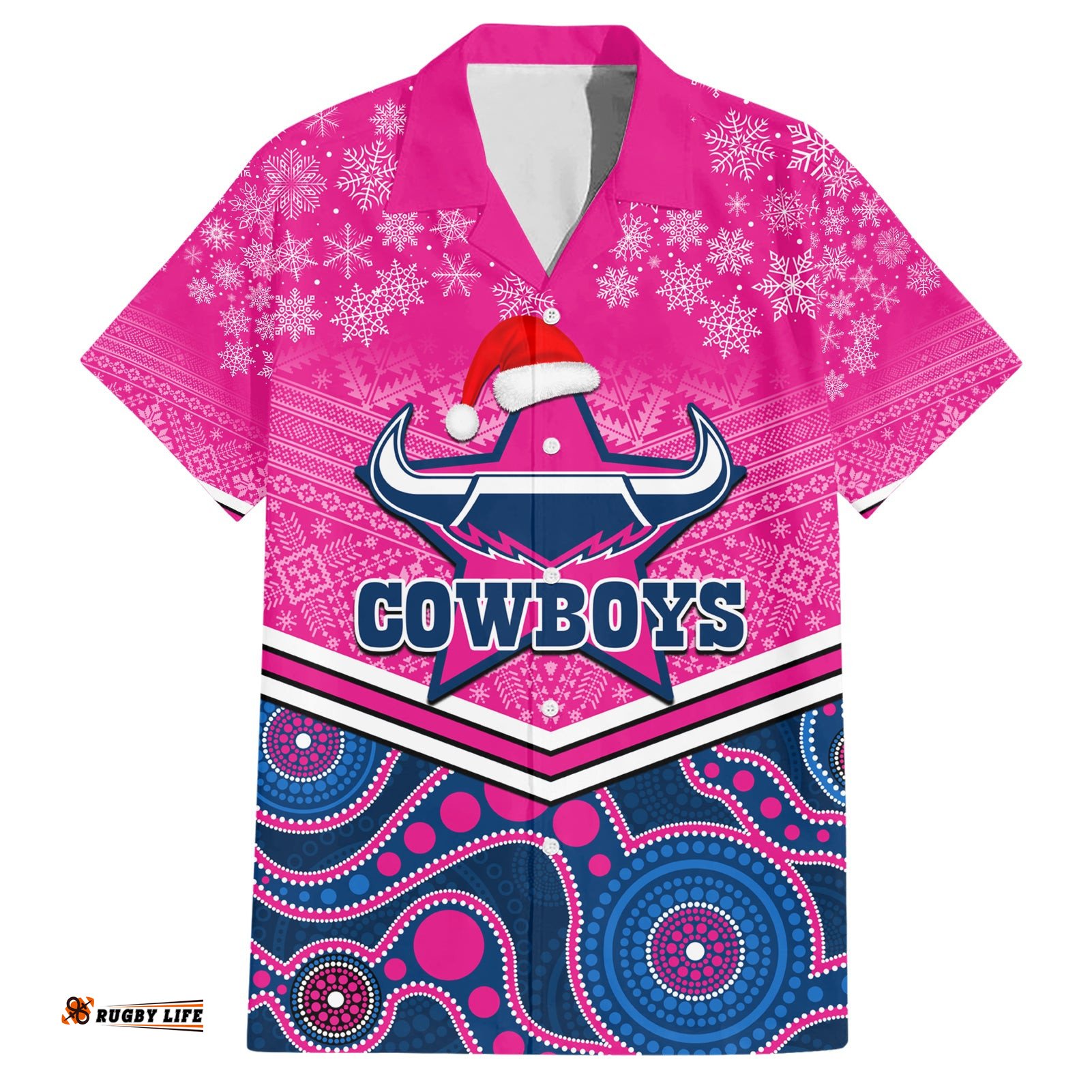 Custom Cowboys Rugby Christmas Hawaiian Shirt Merry Xmas Mix Aboriginal Art Pink Version