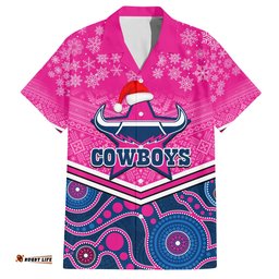 Custom Cowboys Rugby Christmas Hawaiian Shirt Merry Xmas Mix Aboriginal Art Pink Version