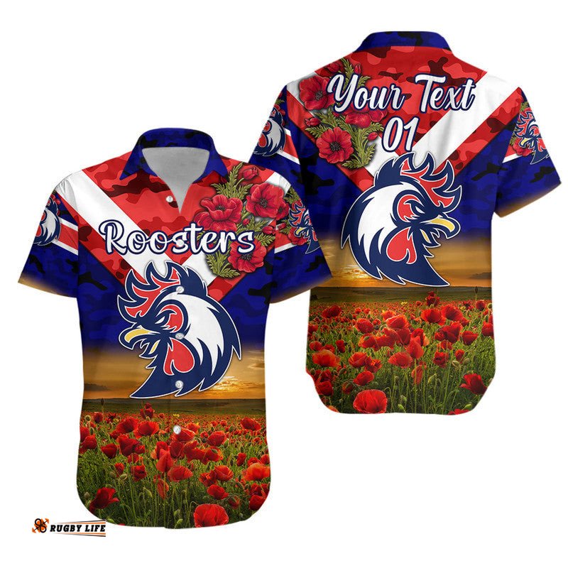 Custom Personalised Sydney Roosters ANZAC Hawaiian Shirt Poppy Flowers Vibes Blue