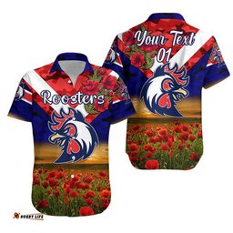 Custom Personalised Sydney Roosters ANZAC Hawaiian Shirt Poppy Flowers Vibes Blue