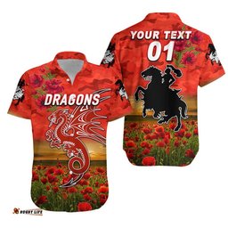 Custom Personalised St. George Illawarra Dragons ANZAC Hawaiian Shirt Poppy Flowers Vibes Red