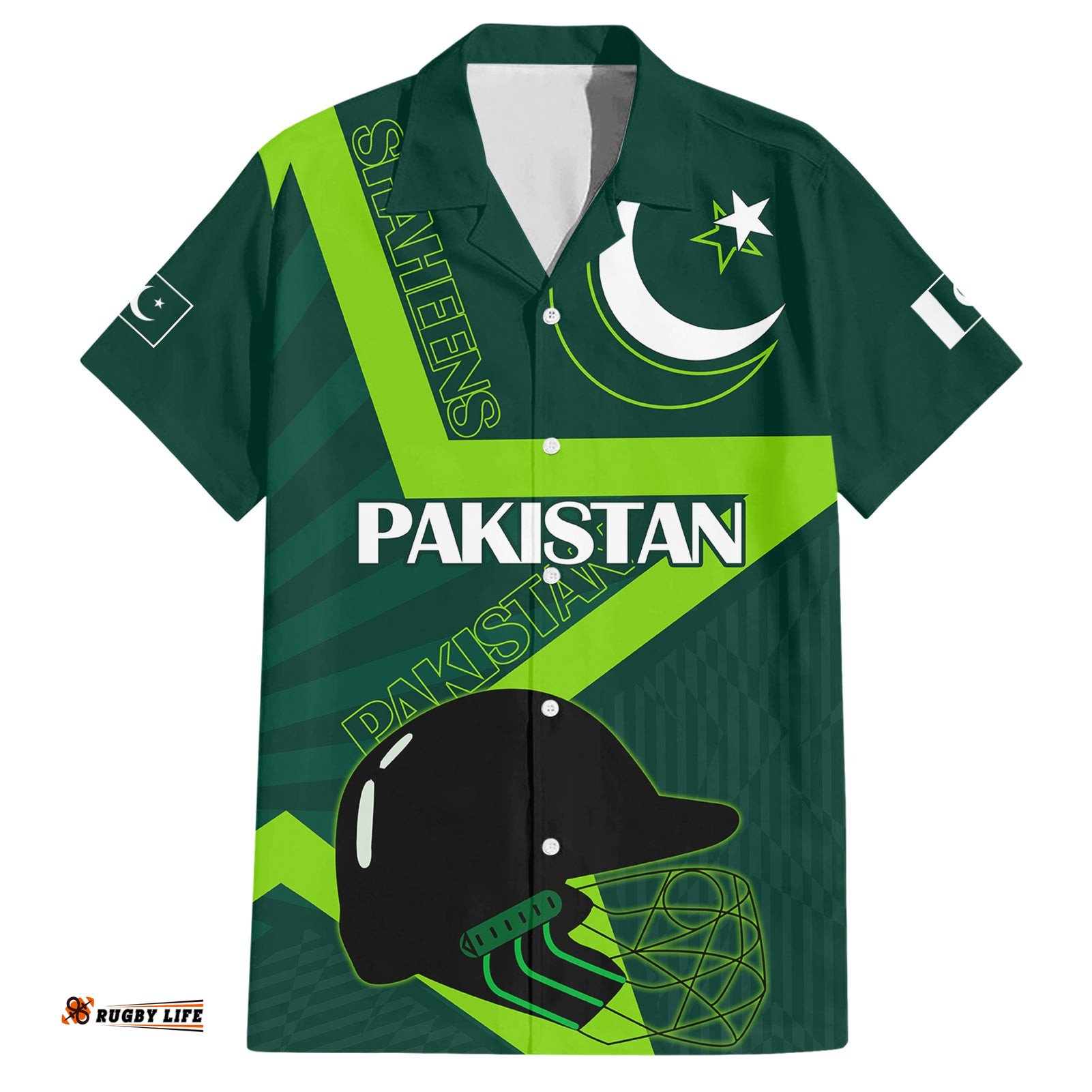 Custom Pakistan Cricket Helmet Hawaiian Shirt Proud Shaheen Falcon Star and Crescent