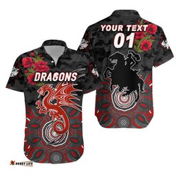 Custom Personalised St. George Illawarra Dragons ANZAC Hawaiian Shirt Indigenous Vibes Black