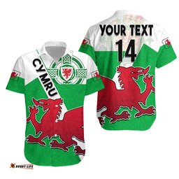 Custom Text And Number Wales Football Hawaiian Shirt Come On Welsh Dragons With Celtic Knot Pattern