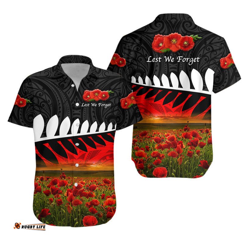 New Zealand Maori ANZAC Hawaiian Shirt Poppy Vibes Black
