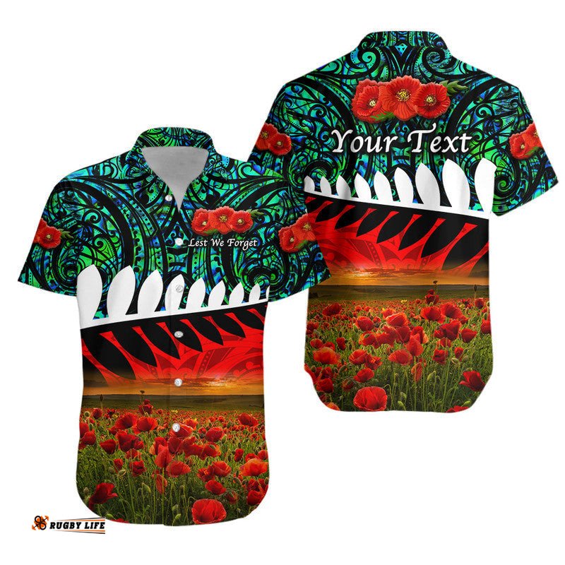 Custom Personalised New Zealand Maori ANZAC Hawaiian Shirt Poppy Vibes Turquoise