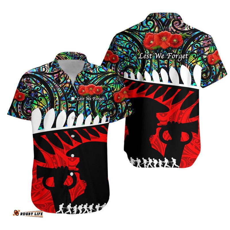 New Zealand Maori ANZAC Hawaiian Shirt Remembrance Soldier Paua Shell