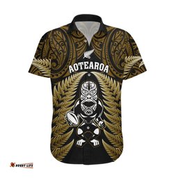 New Zealand Aotearoa Rugby Hawaiian Shirt NZ Tiki With Maori Fern World Cup Gold Version