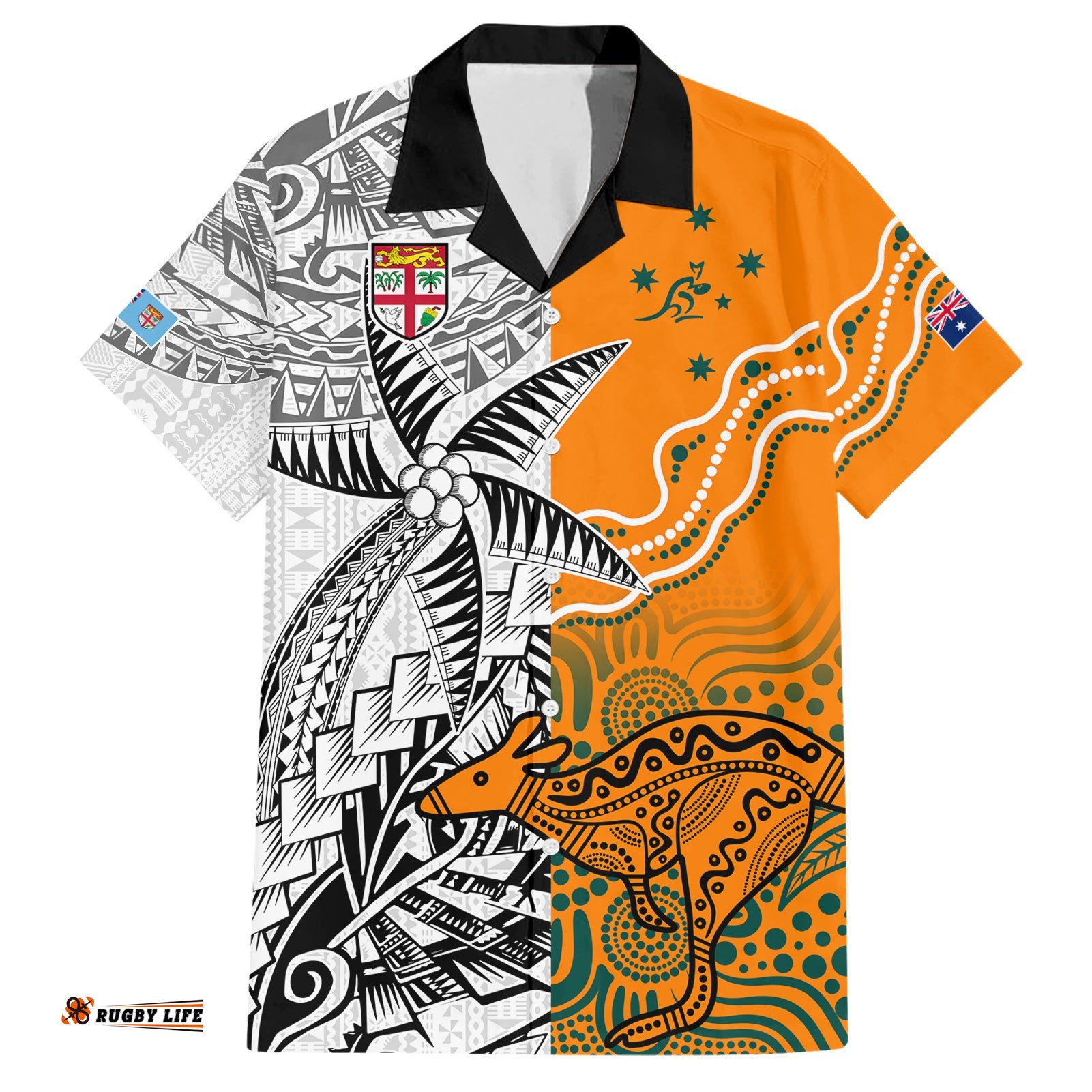 Personalised Fiji Australia Rugby Hawaiian Shirt World Cup Polynesia Tapa Mixed Indigenous Aboriginal