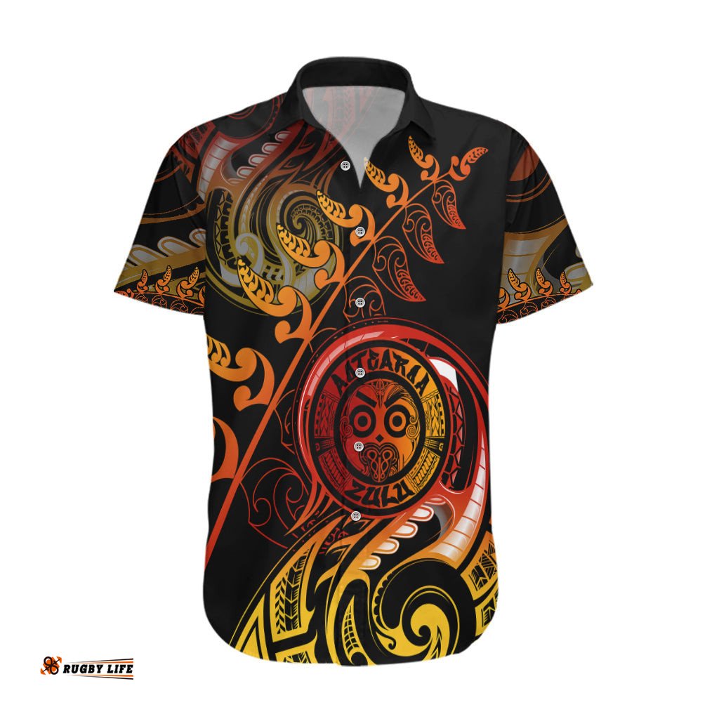 New Zealand Hawaiian Shirt Aotearoa Wisdom Face Maori Fern Tattoo Arty