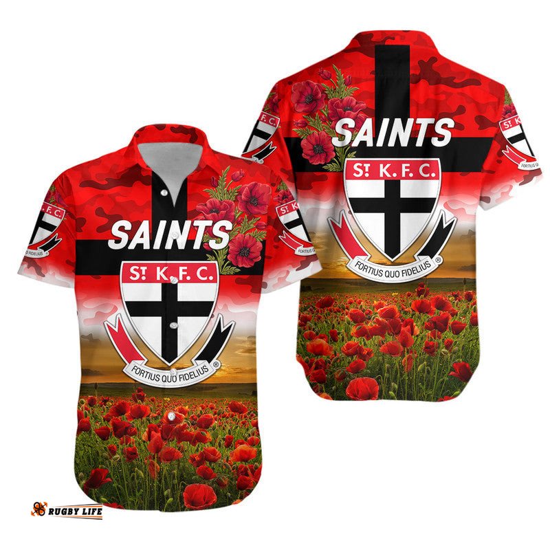 St Kilda Saints ANZAC Hawaiian Shirt Poppy Vibes