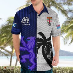 Custom Fiji And Scotland Rugby Hawaiian Shirt Fijian Tapa Pattern With Thistle