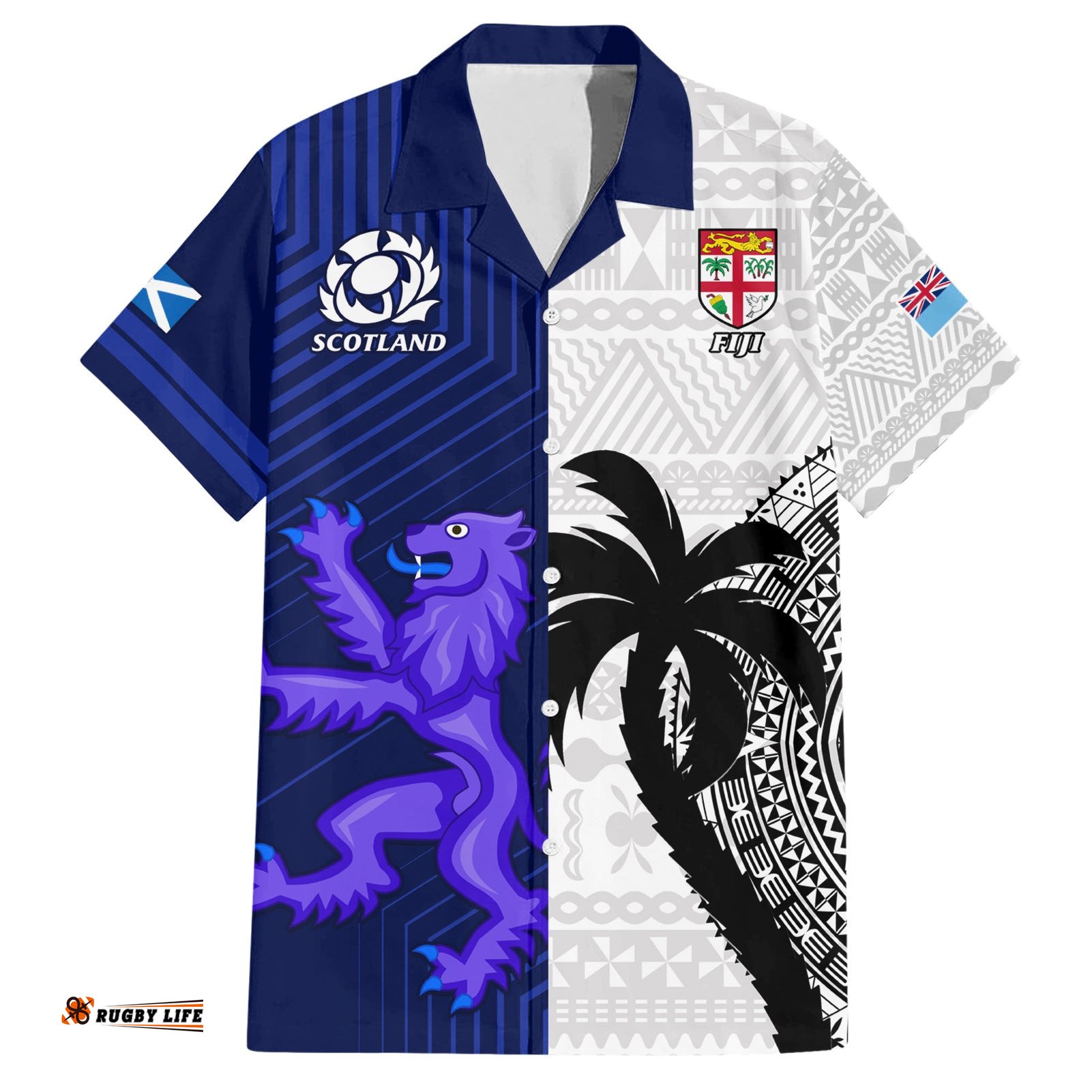 Custom Fiji And Scotland Rugby Hawaiian Shirt Fijian Tapa Pattern With Thistle