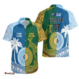 Personalised Fiji With Australia Rugby Hawaiian Shirt Aboriginal Mix Kesa Tapa Patterns