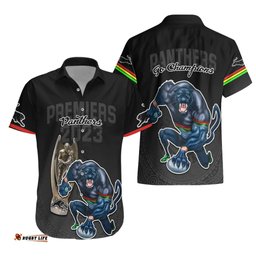 Panthers Premier Hawaiian Shirt Mascot with NRL Trophy Black Version