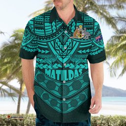 Matildas Soccer Hawaiian Shirt Polynesian and Aboriginal Turquoise Vibe