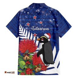 New Zealand Christmas In July Hawaiian Shirt Fiordland Penguin With Pohutukawa Flower